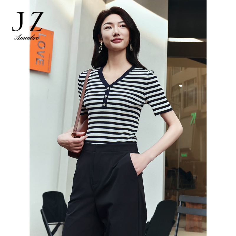 13473246.商场同款JZ玖姿优雅曲珠纱条纹针织毛衫女夏季新款JWEX31201