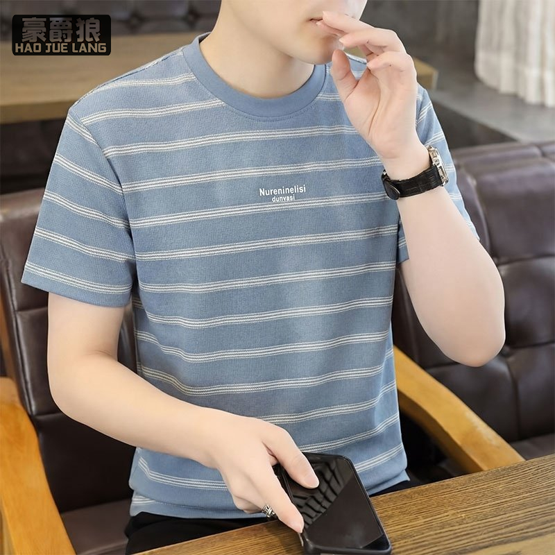 13469975.男士潮牌百搭修身条纹字母圆领短袖T恤夏季青年休闲打底上衣体恤