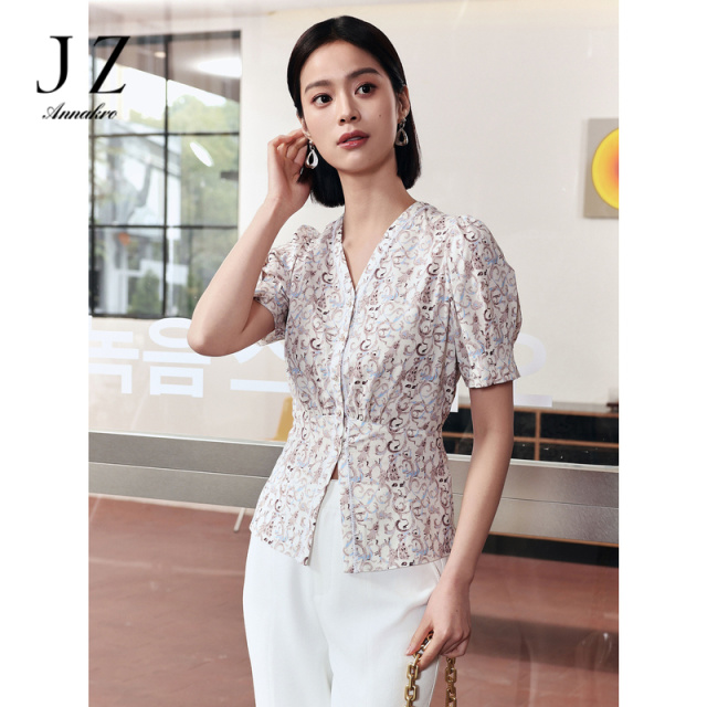 13472777.商场同款JZ玖姿优雅复古链条花短袖衬衫女装夏新款JZEX60214