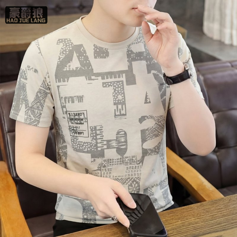 13469907.新款高档圆领印花短袖T恤男夏季时尚百搭透气半袖体恤品质男装潮