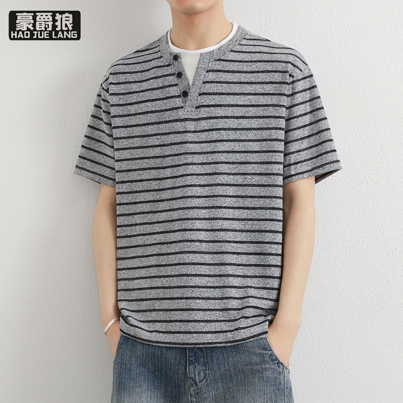 13469882.夏季冰丝凉感亨利领短袖男士假两件T恤时尚新款潮流宽松条纹半袖