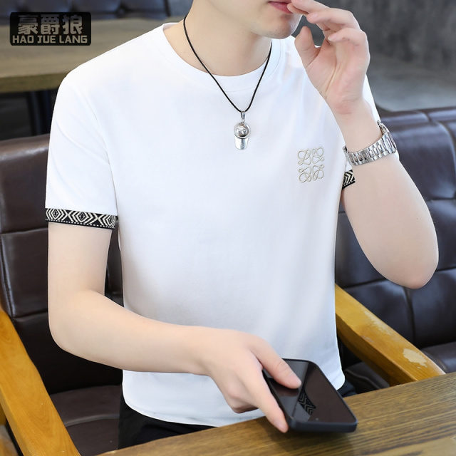 13469889.夏季新款白色短袖t恤男刺绣圆领休闲潮流透气半袖韩版修身上衣