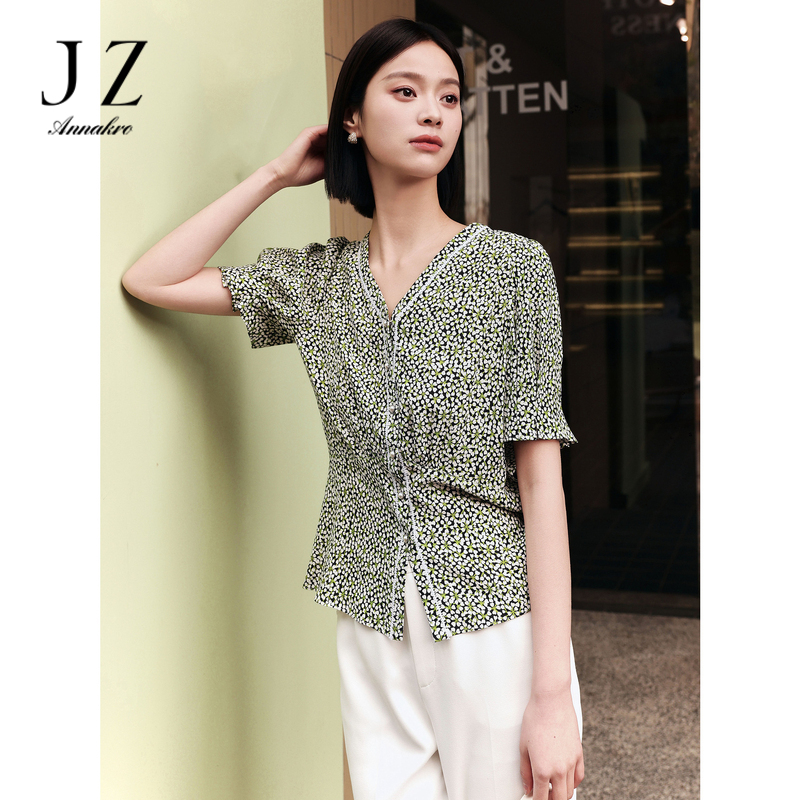 13472989.商场同款JZ玖姿法式优雅碎花短袖衬衫女装夏季新款JZEX60206