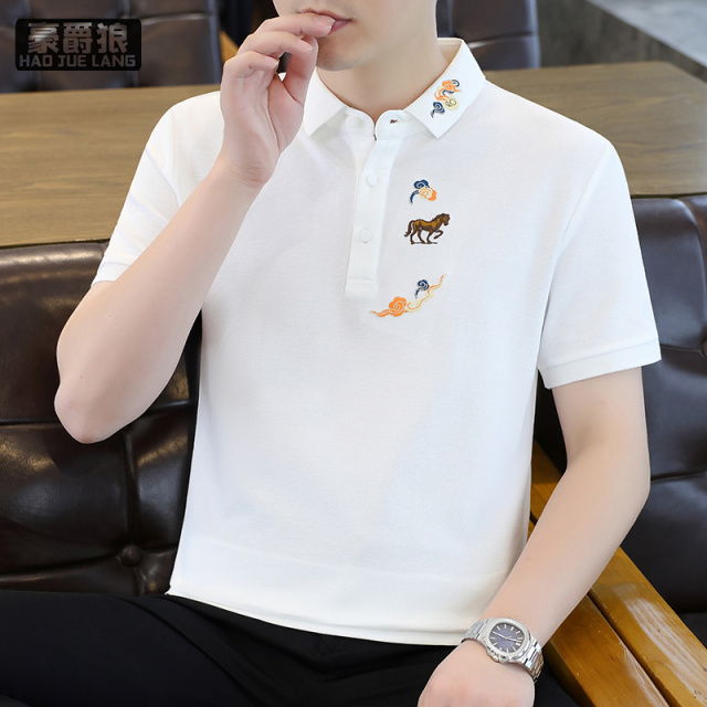 13469874.新款百搭老钱风翻领短袖POLO衫男夏季刺绣修身高级感半袖体恤上衣