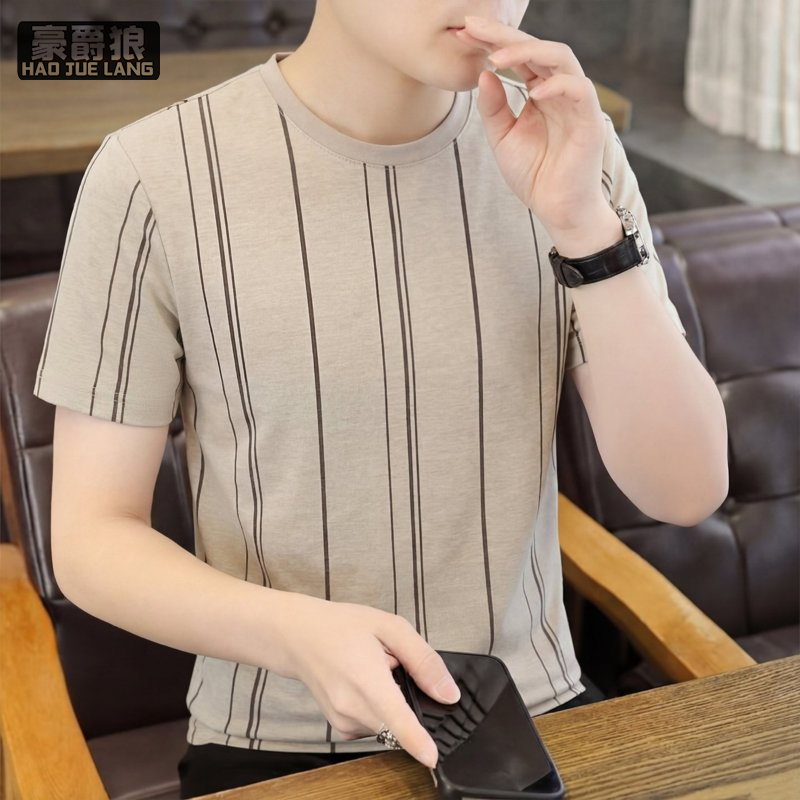 13469887.冰丝棉麻短袖t恤男士竖条纹圆领半袖上衣夏季薄款透气凉感体恤衫