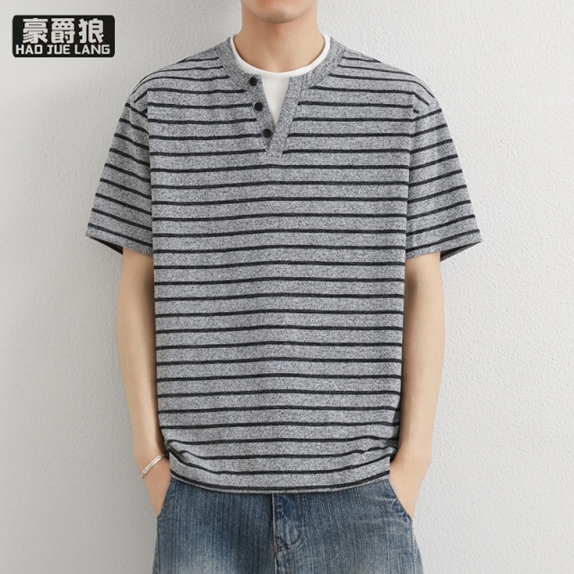 13469882.夏季冰丝凉感亨利领短袖男士假两件T恤时尚新款潮流宽松条纹半袖