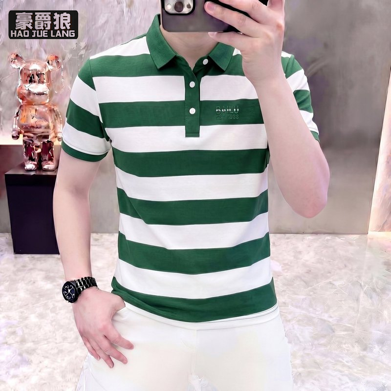13469924.条纹撞色美式潮牌翻领POLO衫男士青年修身商务休闲短袖高端潮t男
