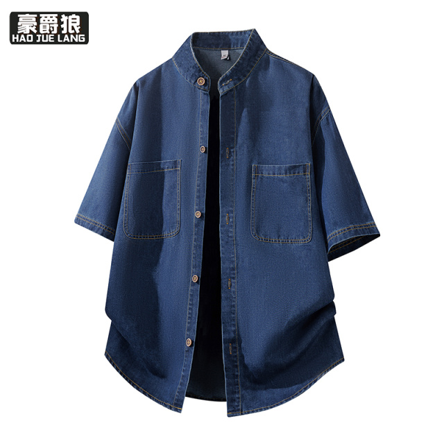 13469911.美式户外薄款牛仔衬衫男士短袖夏季潮流宽松纽扣翻领开衫