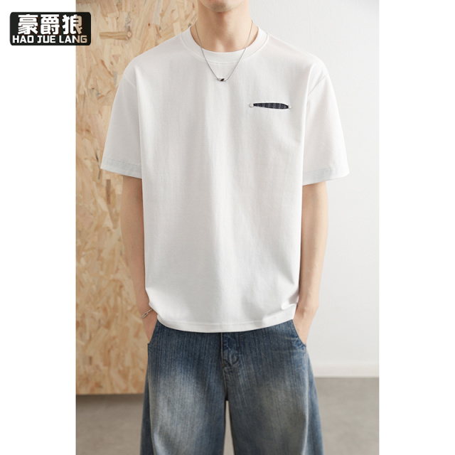 13469884.日系复古高级拼接短袖T恤男夏季新款冰丝棉宽松休闲凉感半袖上衣