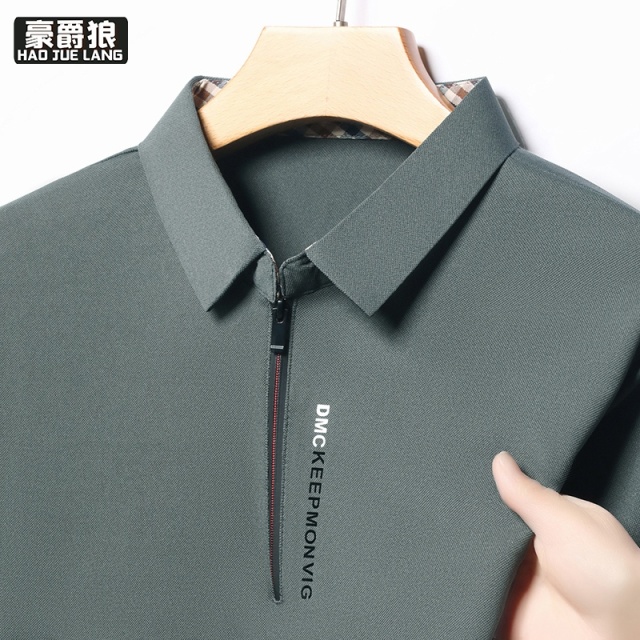 13469978.男士长袖T恤春秋季翻领半拉链上衣薄款打底衫中老年爸爸装