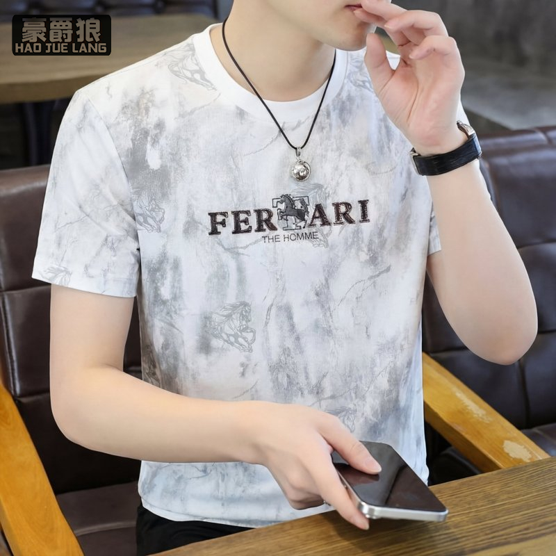 13469886.夏季潮牌百搭青年修身印花字母圆领短袖体恤衫男士休闲上衣打底衫