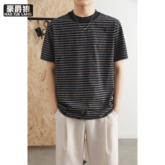 13469969.美式复古破洞条纹短袖t恤男夏季时尚新款宽松休闲冰丝棉半袖上衣