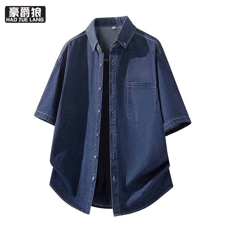 13469934.全棉牛仔短袖衬衫男夏装水洗夏季上衣服纯棉夏天半袖休闲衬衣