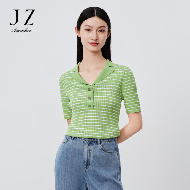 13473283.商场同款JZ玖姿翻领条纹针织衫夏季新款修身短袖JWDX31215