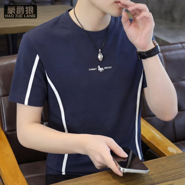 13469900.男式简约百搭圆领短袖T恤夏天潮流薄款拼接上衣纯棉修身刺绣体恤