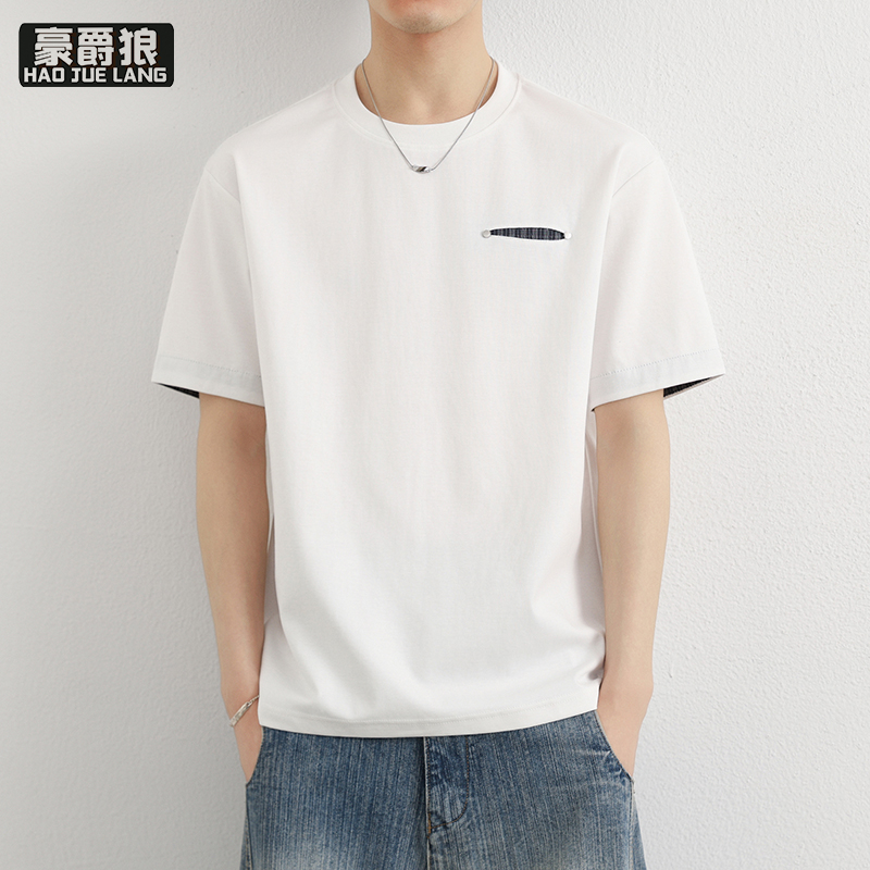 13469884.日系复古高级拼接短袖T恤男夏季新款冰丝棉宽松休闲凉感半袖上衣