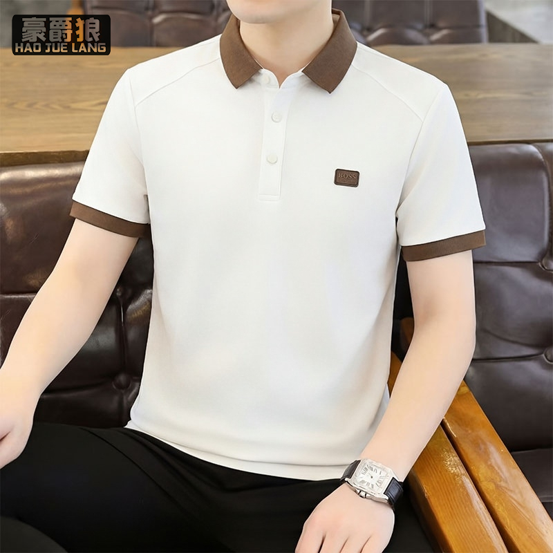 13469910.简约潮流拼接撞色男士短袖polo衫舒适新款夏季透气休闲翻领t恤男