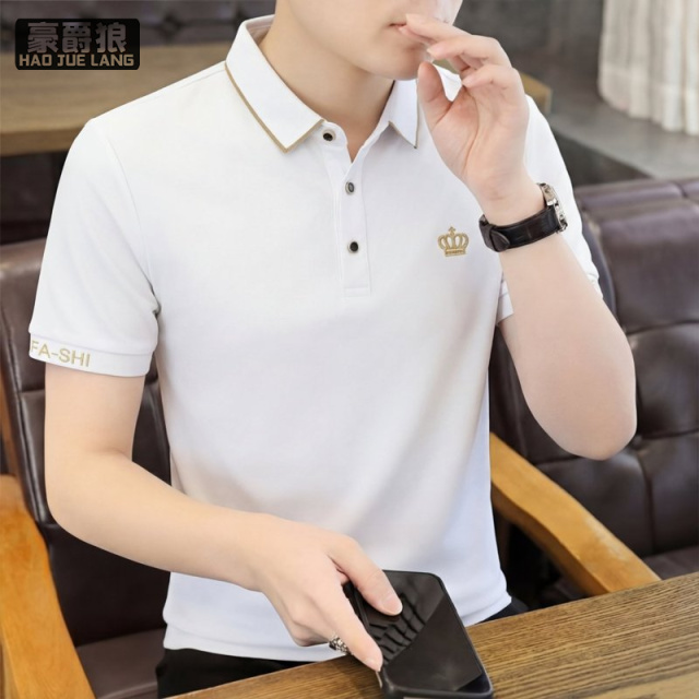 13469967.男士短袖翻领POLO衫白色时尚休闲刺绣皇冠标志T恤夏季半袖上衣