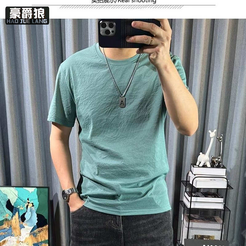13469896.夏季新款冰丝麻短袖T恤男士纯色棉麻半袖上衣轻薄休闲半袖t