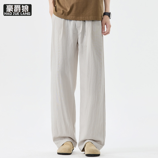 13469926.亚麻天丝休闲裤男士潮牌扎染水洗夏季薄款宽松直筒透气休闲长裤子