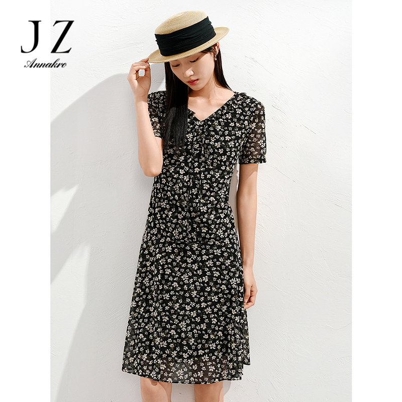 13472308.玖姿安娜蔻优雅淑女风系带花边碎花纱罗修身连衣裙女夏季新款