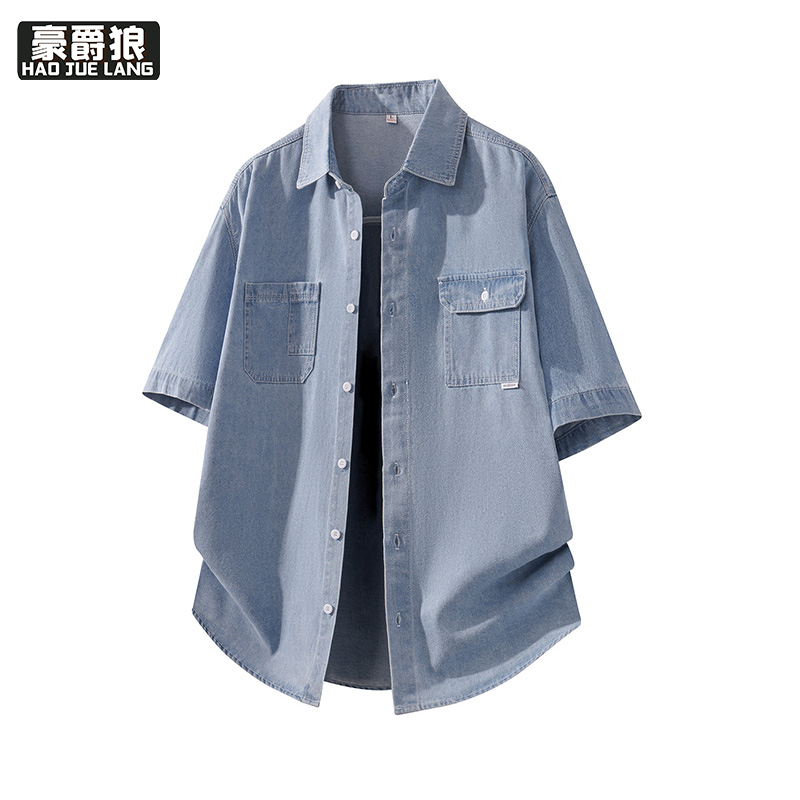 13469928.男士牛仔衬衫男款短袖时尚年新款夏季纯棉宽松衬衣男半袖上衣青年