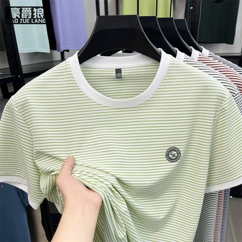 13469925.夏季爆款休闲风条纹短袖T恤男夏季圆领冰丝凉感百搭薄款上衣T