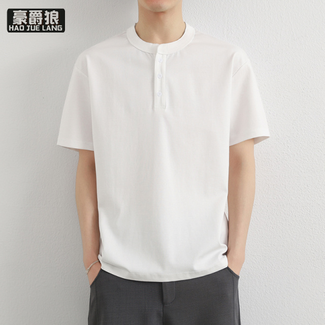 13469912.男士短袖T恤时尚夏季宽松纽扣装饰透气潮休闲百搭圆领上衣