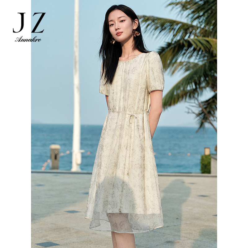 13471788.玖姿安娜蔻清新优雅法式bling烫钻收腰连衣裙女夏季新款