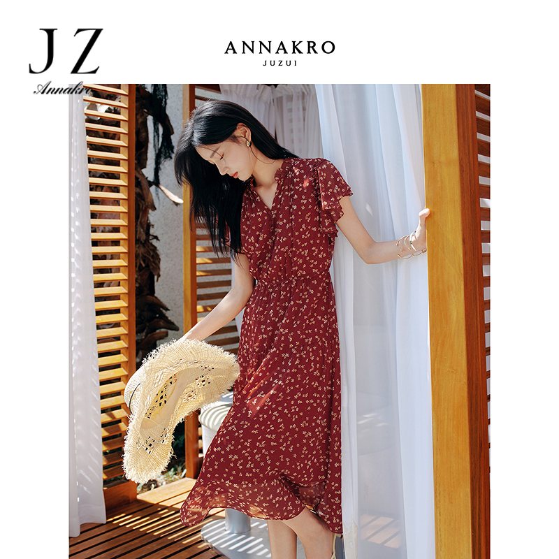 13473324.【循迹漫游】玖姿安娜蔻复古明艳碎花收腰连衣裙女2026夏季新款