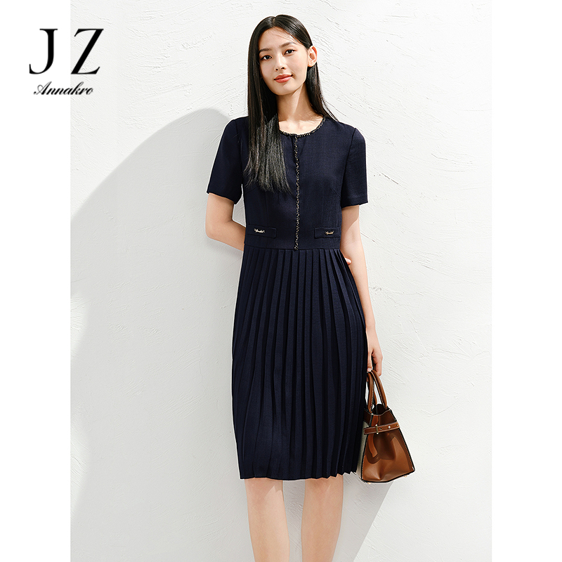 13471407.玖姿安娜蔻优雅通勤风拼接压褶收腰连衣裙女夏季新款