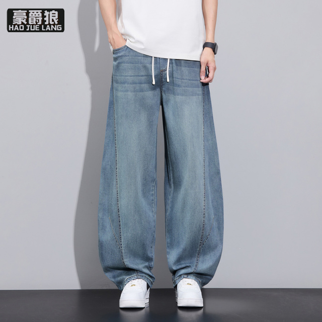 13469901.莱赛尔天丝弯刀牛仔裤男夏季薄款时尚新款宽松直筒美式休闲长裤子