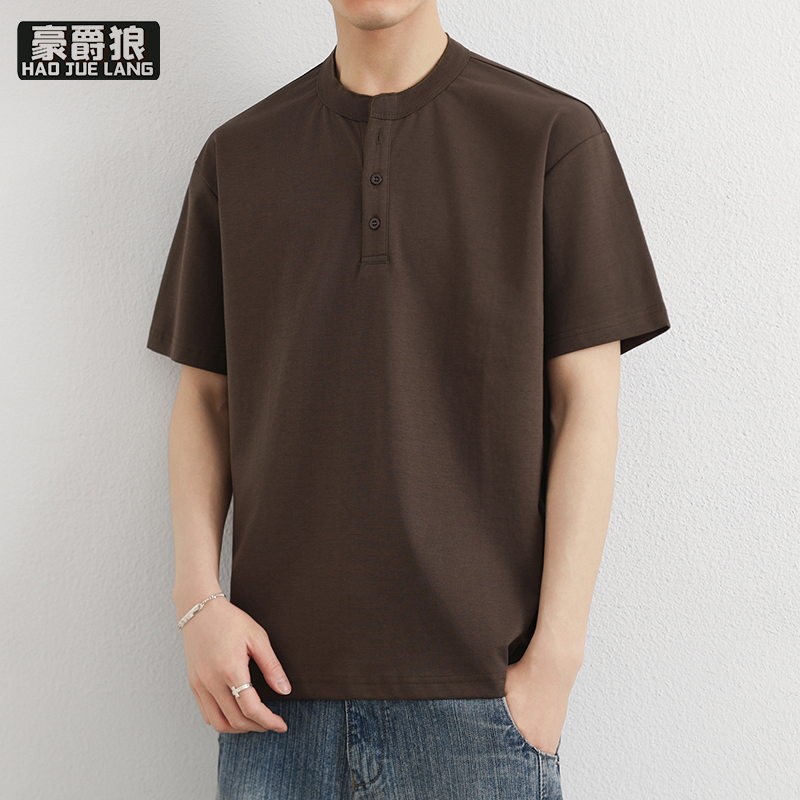 13469912.男士短袖T恤时尚夏季宽松纽扣装饰透气潮休闲百搭圆领上衣