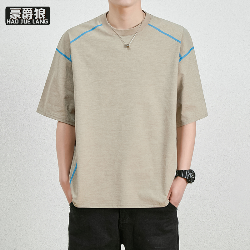 13469953.夏季新款粉色速干短袖T恤男圆领休闲薄款明线设计简约打底衫