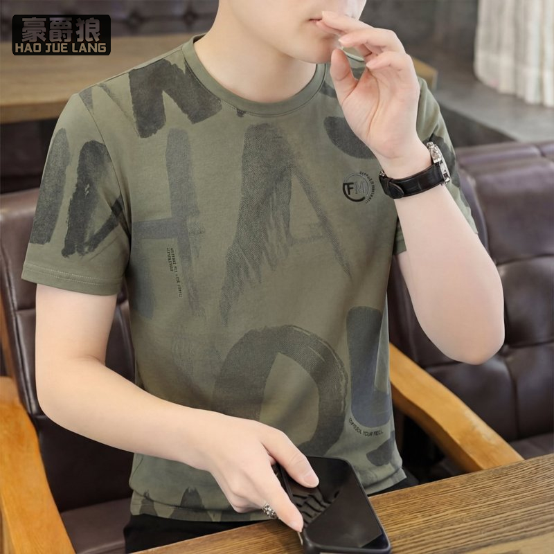 13469885.男士冰丝印花短袖T恤潮流时尚透气薄款帅气上衣夏季修身圆领t恤衫