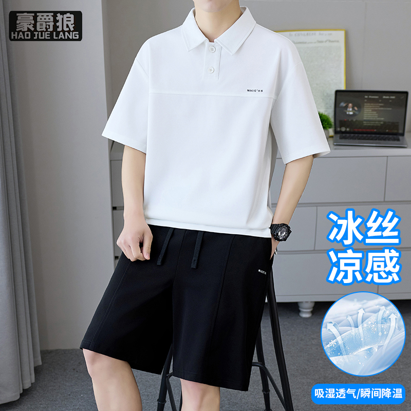 13469919.新款短袖polo衫套装男士夏季宽松重磅翻领t恤短裤两件套夏装