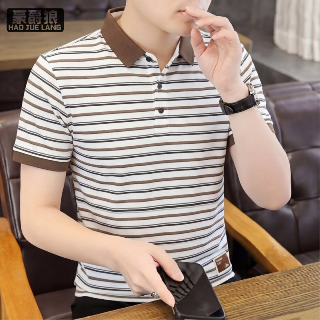 13469935.男士冰丝棉POLO衫短袖商务休闲男装条纹上衣夏季中年成熟男人t恤