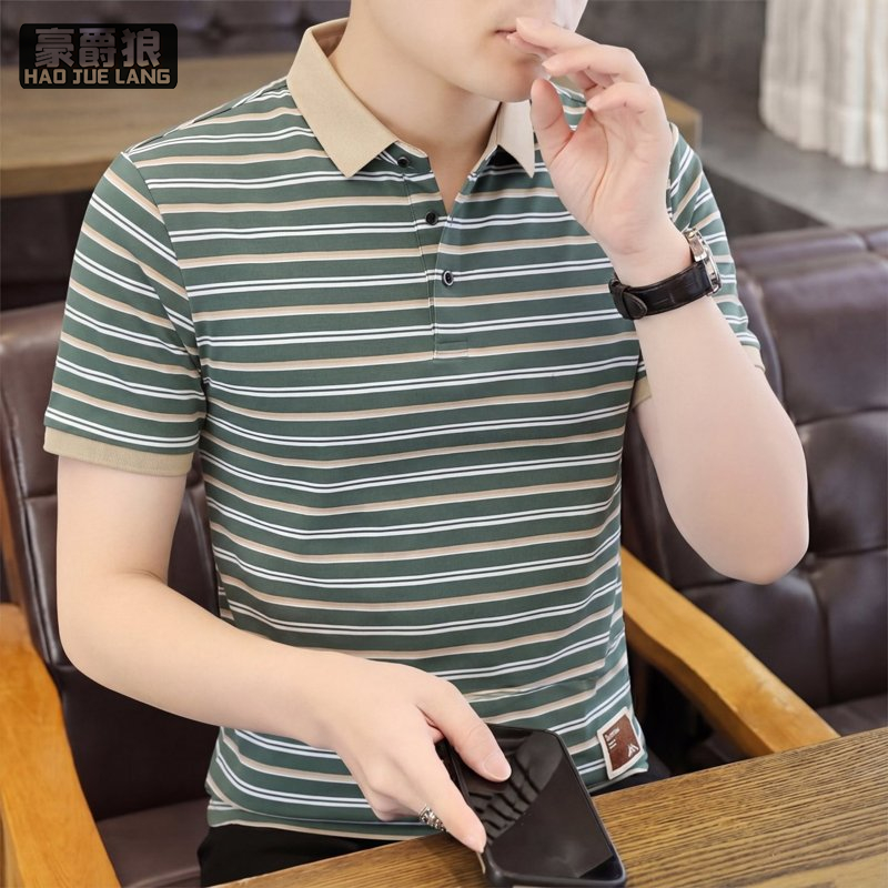 13469935.男士冰丝棉POLO衫短袖商务休闲男装条纹上衣夏季中年成熟男人t恤