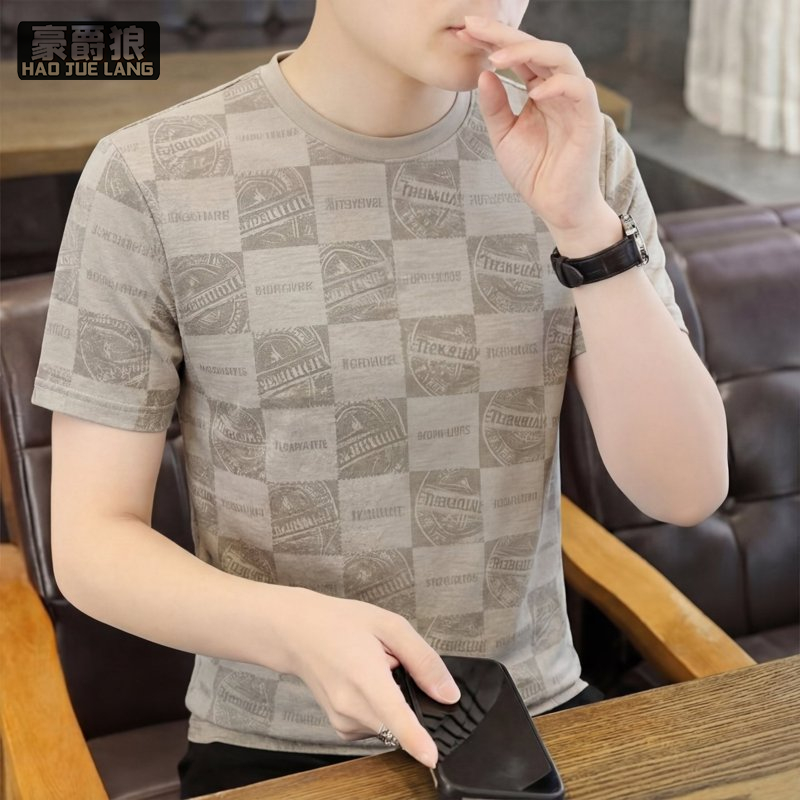 13469897.短袖t恤男夏季新款圆领格子印花潮流百搭休闲青年打底体恤衫