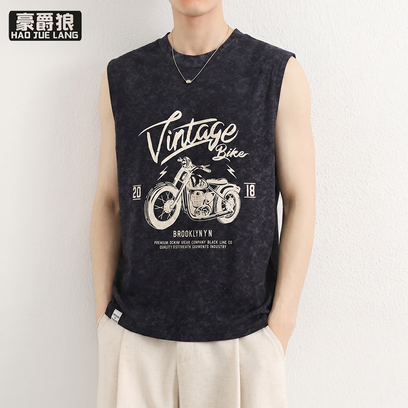 13469961.男士夏季圆领背心青年无袖t恤美式马甲坎肩户外透气扎染打底衫