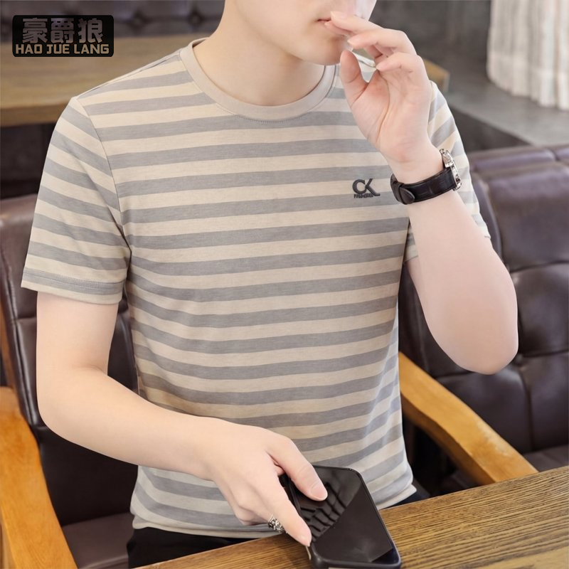 13469895.高端简约刺绣条纹男士圆领短袖T恤潮流修身韩版透气半袖体恤上衣