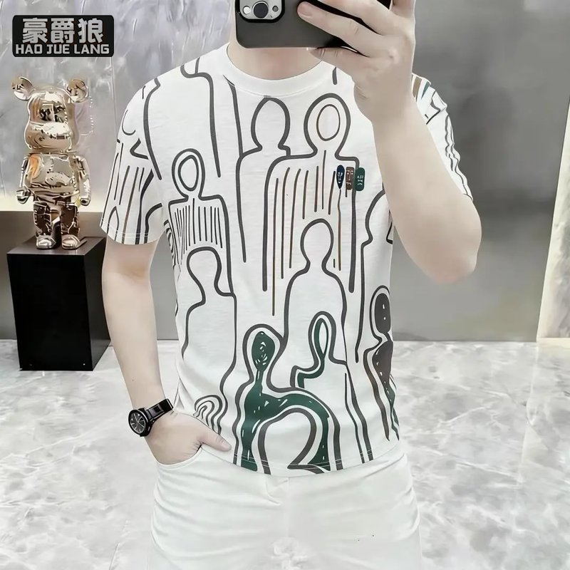 13469893.夏季新款印花轻奢短袖T恤男圆领青年时尚休闲帅气体恤打底衫