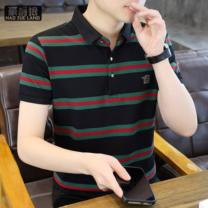 13469891.条纹POLO衫夏季新款短袖t恤男士青年T翻领修身半袖体恤上衣服潮