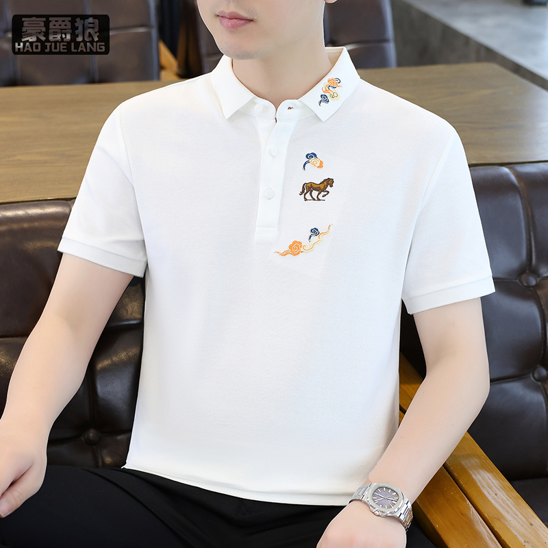 13469874.新款百搭老钱风翻领短袖POLO衫男夏季刺绣修身高级感半袖体恤上衣