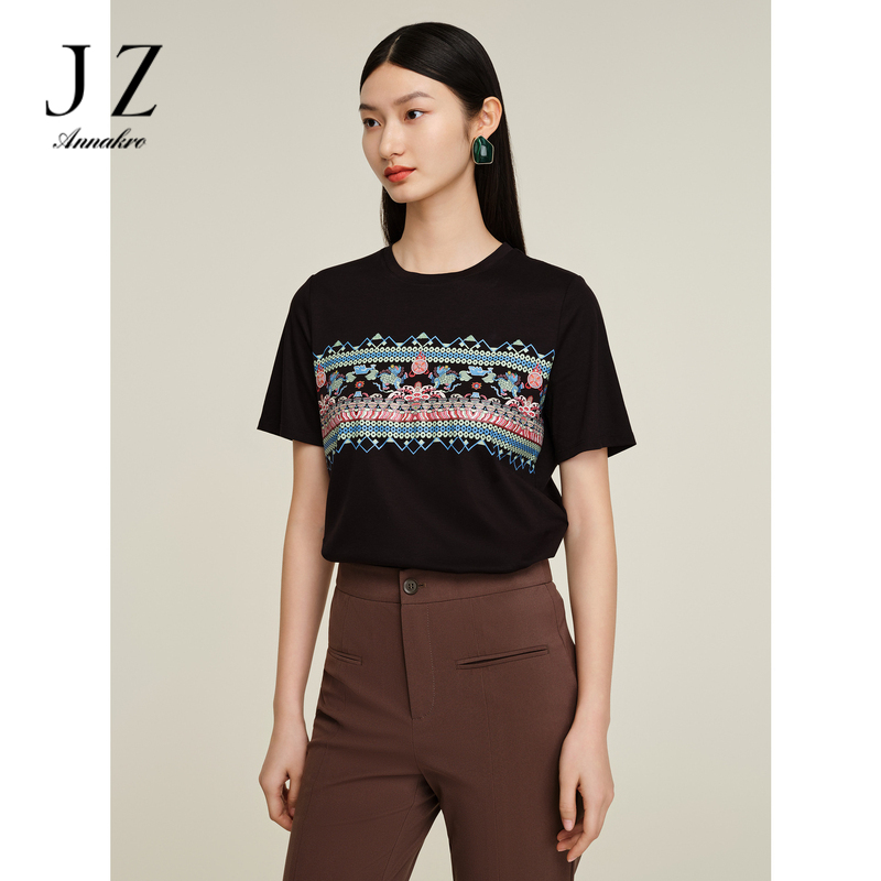 13471223.JZ玖姿商场同款国风珠片印花直筒短袖T恤女夏季新款JWDX83305