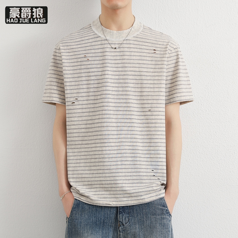 13469969.美式复古破洞条纹短袖t恤男夏季时尚新款宽松休闲冰丝棉半袖上衣