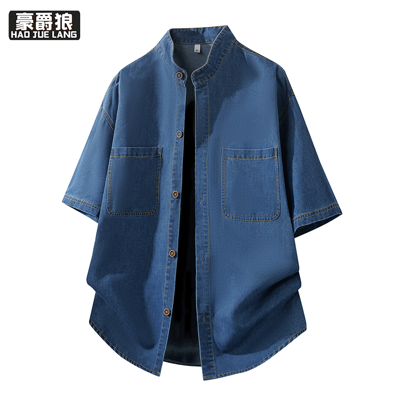 13469911.美式户外薄款牛仔衬衫男士短袖夏季潮流宽松纽扣翻领开衫