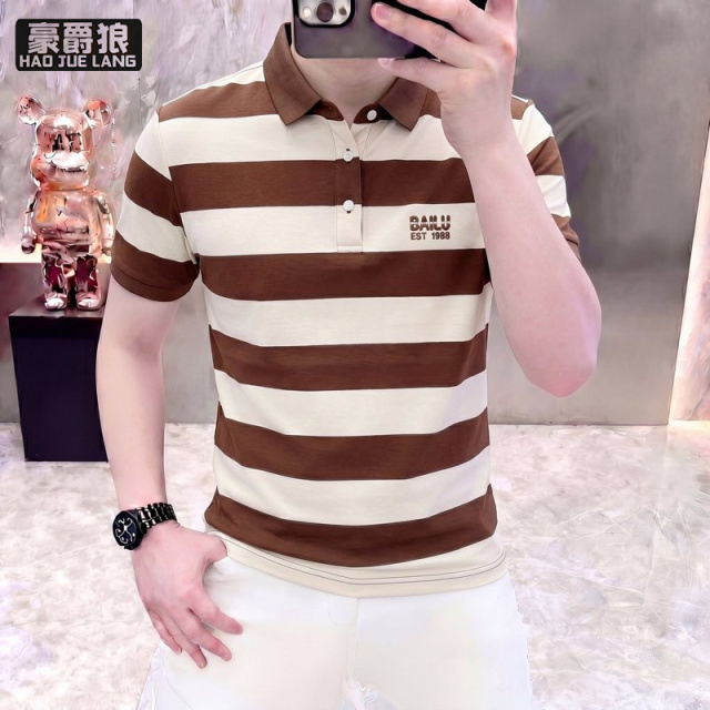 13469924.条纹撞色美式潮牌翻领POLO衫男士青年修身商务休闲短袖高端潮t男