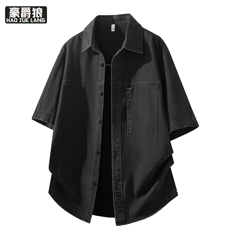 13469913.夏季新款牛仔衬衫男短袖夏季男装全棉男士衬衣外套水洗衣服潮牌