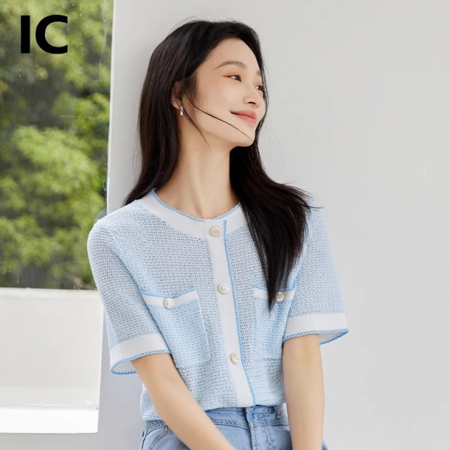 13473467.法式小香风撞色边圆领短袖针织衫女2025新款夏休闲气质休闲上衣